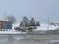 Sowjetische Helikopterwracks am Rand vom Flugplatz vor dem ehemaligen Feldlager