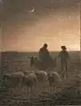 Das Motiv (Schafe, Ochse, Personen), die diffuse Abendbeleuchtung und vor allem die unscharfen Konturen ergeben ein harmonisches und stilles Bild. Jean-François Millet: Dämmerung, um 1859–1863.