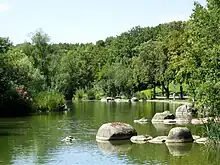 ein geschwungener Wasserlauf mit runden Steinen nahe dem Ufer vor bewaldeter Hügelkette
