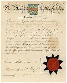 Gründeraktie der Monmouth Railway Company, ausgegeben am 29. August 1811. Die Bahnstrecke der Gesellschaft konnte von Spediteuren gegen eine Mautgebühr mit ihren Pferdefuhrwerken befahren werden.