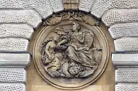 Die Eroberung von Namur 1692. Die vor dem siegreichen König kniende Niederländische Republik reicht ihm die Schlüssel zur Stadt. Zu seinen Füßen liegt ein besiegter Löwe, wie man ihn auch im Wappen der Niederländischen Republik findet.