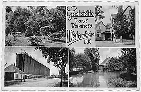 Die Mühle als Teil einer historischen Ansichtskarte aus Bad Westernkotten (unten rechts) Die anderen Bilder zeigen: Teil des Kurparks, Gaststätte, Gradierwerk (u.l.)