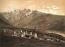 Abbildung von 1875 der Ortschaften Mulakhi und Mujali nordöstlich von Mestia.
