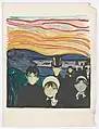 Angst (1896), handkolorierte Lithografie, 42 × 38,6 cm, Munch-Museum Oslo