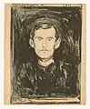 Selbstbildnis mit Skelettarm (1895), Lithografie, 45,8 × 32,0 cm, Munch-Museum Oslo