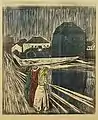 Mädchen auf der Brücke (1918), handkolorierter Holzschnitt, 52,4 × 43,2 cm