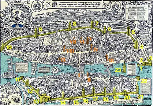 Mauern und Türme (gelb) sowie Adelstürme (orange) der zweiten Stadtbefestigung auf dem Murerplan von 1576; der Bilgeriturm ist mit VII gekennzeichnet.