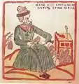 Ein Muschik macht Lapti (Fußbekleidung im Russland des 18. und 19. Jahrhunderts). Lubok aus dem 18. Jahrhundert.