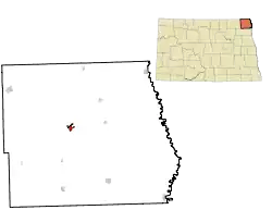 Lage von Cavalier im Pembina County (links) und in North Dakota (rechts)
