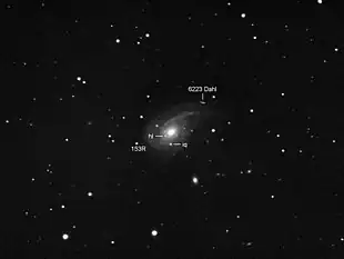 Amateur-Aufnahme von NGC 772 mit SN 2003hl und SN 2003iq sowie dem Asteroiden (6223) Dahl