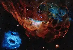 Der Sternhaufen NGC 2014 (rechts) begleitet von einem rötlichen Nebel und NGC 2020 (bläulich, links) in einer Aufnahme des Hubble-Weltraumteleskops.