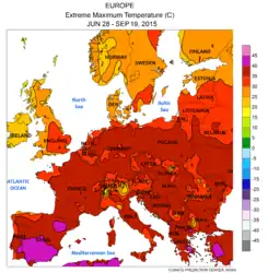 Höchsttemperatur Europa Ende Juni bis Anfang September (lila > +40 °C, dunkelrot Wüstentag > +35 °C, hochrot Hitzetag > +30 °C)