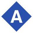 Viereckiges Liniensymbol mit dem weißen Buchstaben A in blau gefüllter Raute vor neutralem Hintergrund.links