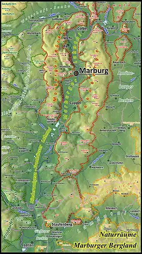 Reliefkarte des Marburger Berglands (→ detaillierte topographische Naturraumkarte)