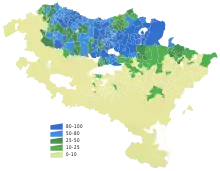 Verteilung der Sprecher des Baskischen im spanischen Baskenland und Navarra 2001