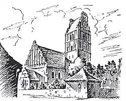 Die früher evangelische, heute römisch-katholische Pfarrkirche in
Nidzica/Neidenburg (Zeichnung von 1943)