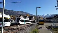 Abgestellte Triebzüge von Thurbo, die während den HVZ als Verstärkungs­module dienen. Im Hintergrund sind die Churfirsten erkennbar.