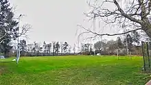 Rasenplatz, Flutlicht, Fußballtore, aufgenommen von etwas hinter einer der Ecken des Platzes. An den Rändern sind Bäume zu erkennen.