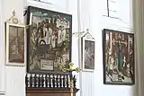 Gotische Bildtafeln mit Szenen der Wilgefortislegende, Apostelfiguren über dem Chorgestühl