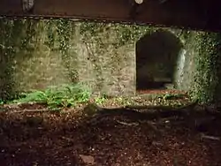 Neuleiningen-Tal, historischer Waschplatz. Im oberen Bereich die darüberführende alte Eisenbahnbrücke