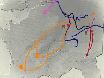 Plünderungszug der Alamannen (orange), Juthungen (rot) und Franken (magenta) 260 n. Chr. – N=Neupotz, A=Augsburg