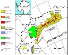 Lage des ostantarktischen Grunehogna-Kratons mit geologischen Regionen und Strukturen