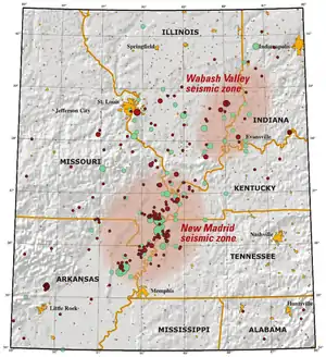 Karte des New-Madrid- und Wabash-Erdbebengebietes