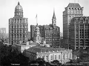 Newspaper Row um 1900, links das New York World Building