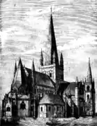 Zeichnung von Christian Christies zur Restaurierung des Nidarosdomes mit der von ihm geplanten Außenansicht.