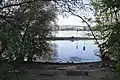 Im Vordergrund die Bucht, dahinter der Rhein