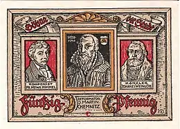 Scheinrückseite C: Abbildungen von Söhnen der Stadt: Komponist Friedrich Heinrich Himmel (links) Reformator Martin Chemnitz (Mitte) Kanzler Johannes Weinlob (rechts)