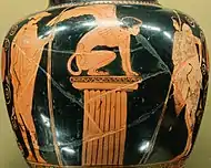 Ödipus (rechts) mit Sphinx und Hermes, um 440 v. Chr.(Attisch-rotfigurige Stamnos; Louvre, Paris)