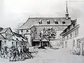 Das Kloster Oetenbach in Zürich. Bleistiftzeichnung von Johann Rudolf Rahn, 1868
