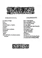 Claudio Monteverdi – L’Orfeo – Liste der Rollen und Instrumente, Venedig 1609