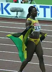 Weltmeisterin mit zwei Tausendstelsekunden Vorsprung: Veronica Campbell, zuvor unter anderem aktuelle Olympiasiegerin über 200&nbsp;Meter und hier mit ihrer  Sprintstaffel und über 200&nbsp;Meter noch zweimal mit Silber&nbsp;dekoriert