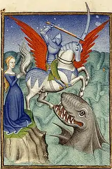 Auf Pegasus reitender Ritter Perseus schlägt das Ketos, 15. Jahrhundert