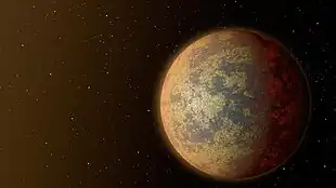 Künstlerische Darstellung des möglichen Aussehens von HD 219134 b mit einer felsigen und teilweise aufgeschmolzenen Oberfläche