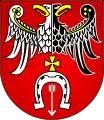 Das Wappen des Powiat Brzeziński zeigt zwei halbe Adler und keinen Doppeladler