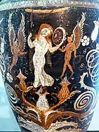 Namenvase aus Grab 69 in Lucinella: Aphrodite zwischen zwei Eroten (rechts); Hermes steht vor einer sitzenden Frau mit einer Kiste in der Hand (links)