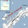 Karte des Palmer Archipelago mit Tower Island und der Brabant-Insel