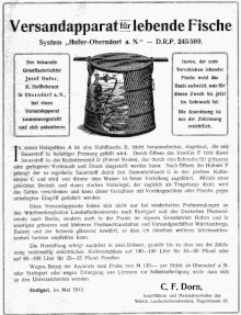 Werbeblatt für den patentierten "Versandapparat für lebende Fische - System Hofer Oberndorf a.N." von 1912