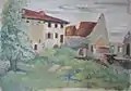 Paul Nicolaus: Kriegszerstörte Häuser im Dorf Ihn bei Wallerfangen, 1941, Aquarell, 42 × 59 cm, Privatbesitz.