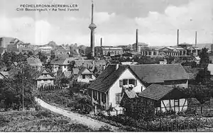 Raffinerie Pechelbronn mit Arbeitersiedlung Cité Boussingault im Vordergrund