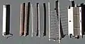 Zerlegte EL84 v. l. n. r.: Kathode, Steuergitter, Schirmgitter, Bremsgitter, Anode