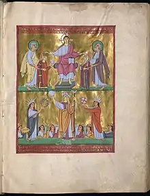 Perikopenbuch Heinrichs II.: Christus selbst verleiht Heinrich II. und seiner Gemahlin Kunigunde die Königswürde