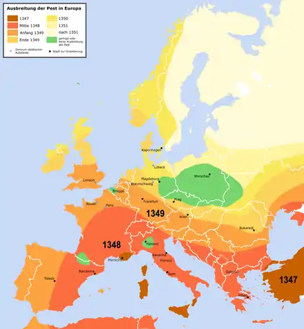 Ausbreitung der Pandemie in Europa zwischen 1347 und 1351