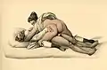 Amazonen-Reitstellung, Aquarell von Johann Nepomuk Geiger; die Frau ist in einer knienden Position, d.&nbsp;h. beide Unterschenkel sind aufliegend, „gekniete Reitstellung“