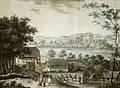 Lithografie von Petersbrunn um 1810/12. Links die Kapelle, rechts das Badehaus und im Hintergrund Schloss Leutstetten.