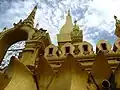 Blick über die Spitzen der Lotos-Blütenblätter und die Votivsteine auf die Miniatur-Stupas und den That Luang