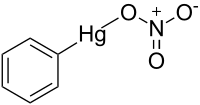Strukturformel von Phenylquecksilber(II)-nitrat